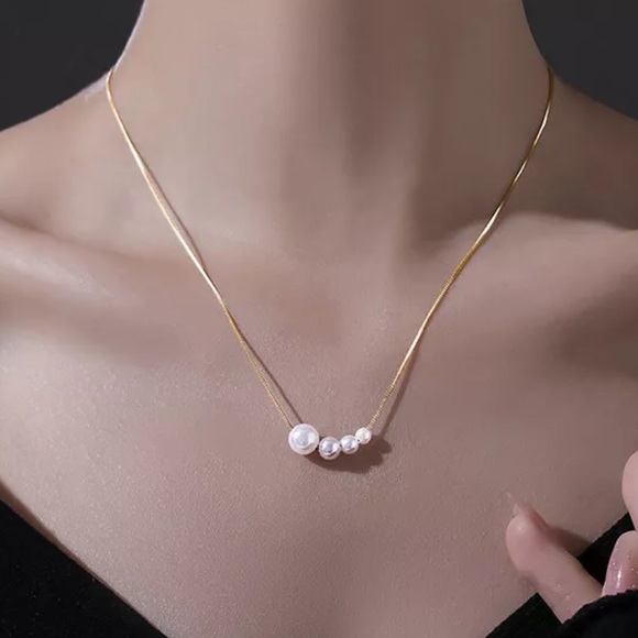 18" Long Pearl Choker Chain Necklace Pendant Collar Gold - Picture 2 of 10